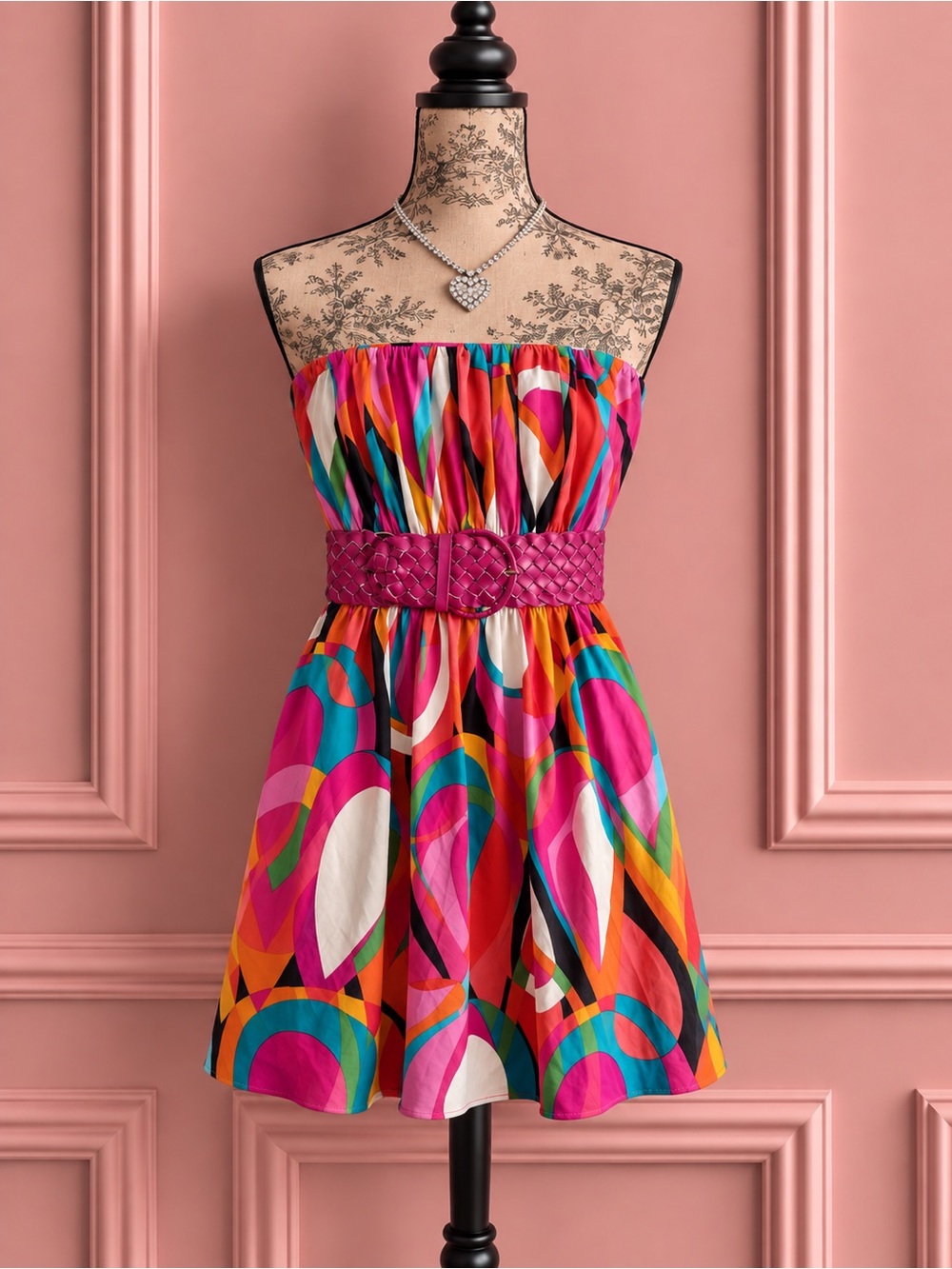 Y2K Strapless Multicolor Mini Dress with Waist Belt Size S